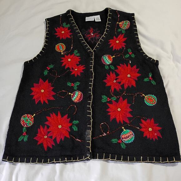 Ugly Christmas Sweater Vest Large Poinsettias Beaded Ornaments Kim Rogers Black - Picture 4 of 15